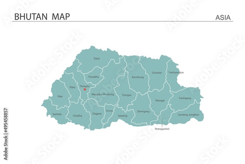 Bhutan map vector illustration on white background. Map have all province and mark the capital city of Cambodia.