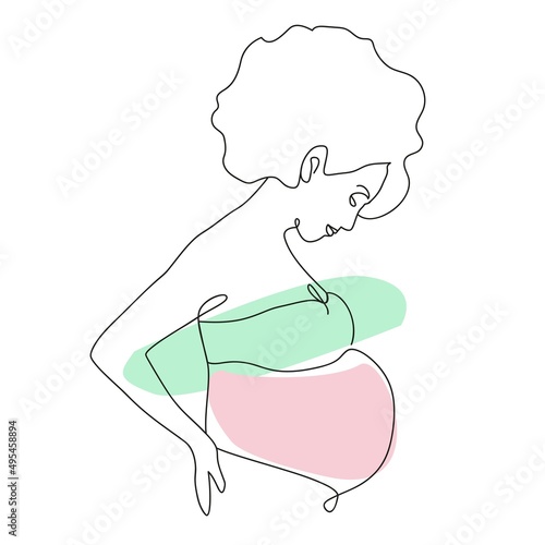 Pregnant woman line art, one line profile of afro american woman with belly