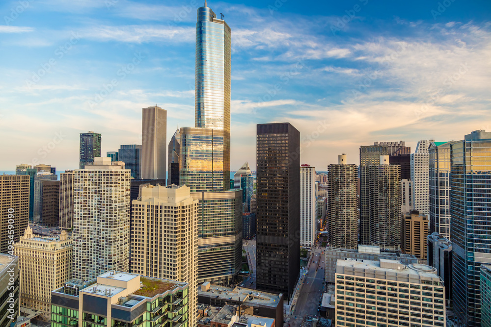 Fototapeta premium Aerial Chicago city skyscrapers commercial and business district