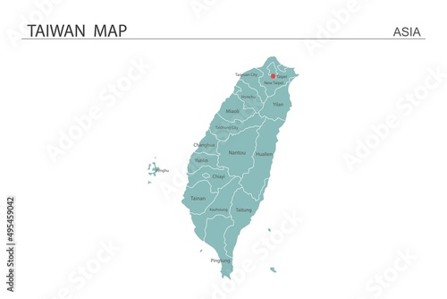 Taiwan map vector illustration on white background. Map have all province and mark the capital city of Taiwan.