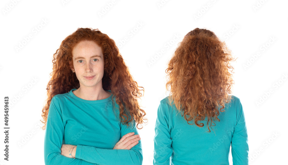 Front and back portrait of an attractive, redhaired, freckled, good-looking woman in casual wear outfit i Front and back portrait of an attractive, redhaired, freckled, good-looking woman in casual wear outfit i