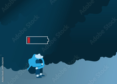 femme prostrée, stressée et fatiguée dont la batterie est faible. Plus d'énergie, en dépression. Il y a des nuages noirs au dessus de sa tête et une batterie sans énergie.