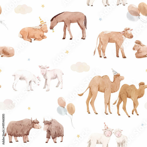 Beautiful vector seamless pattern with cute watercolor hand drawn wild animals. Horse camel cow yak families. Stock illustration.