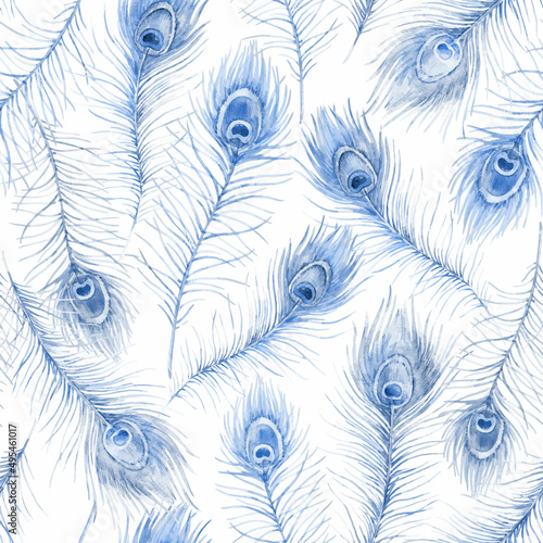 Beautiful autotraced vector seamless pattern with watercolor hand drawn blue peacock feathers. Stock illustration.
