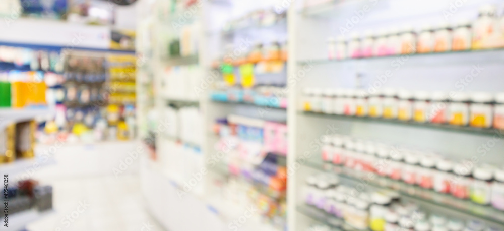 Pharmacy drugstore shelves interior blur medical background