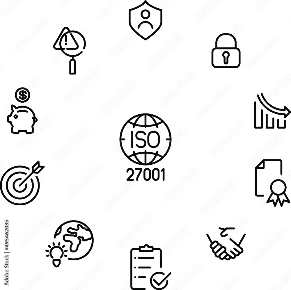 ISO 27001 , International Organization for Standardization. vector icons. ISO 27001 , International Organization for Standardization. vector icons.