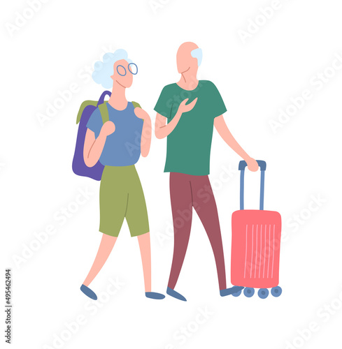 Cartoon Color Characters Tourists with Luggage Travel Concept Flat Design Style. Vector illustration of Couple with Backpack or Bag