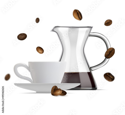Realistic Detailed 3d Coffee Brewing Gadgets Include of Glass Pour-over Drip Kettle and Cup. Vector illustration