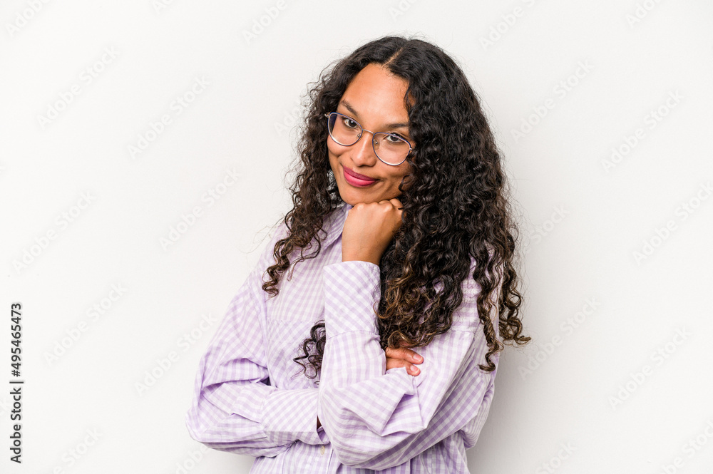 Young hispanic woman isolated on white background smiling happy and confident, touching chin with hand. Young hispanic woman isolated on white background smiling happy and confident, touching chin with hand.
