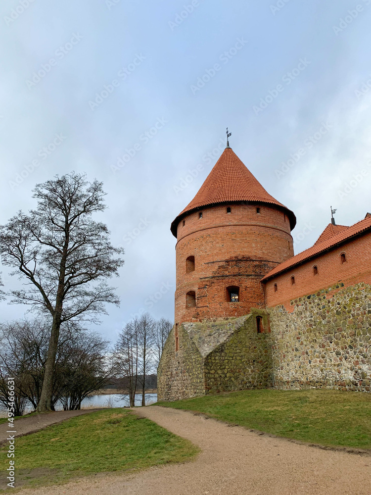 Trakai castle or Traku pilis in the winter time. Trakai village, Lithuania.