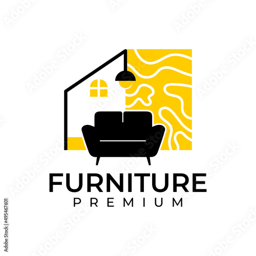 Furniture interior logo template. Home furniture lamp sofa vector illustration