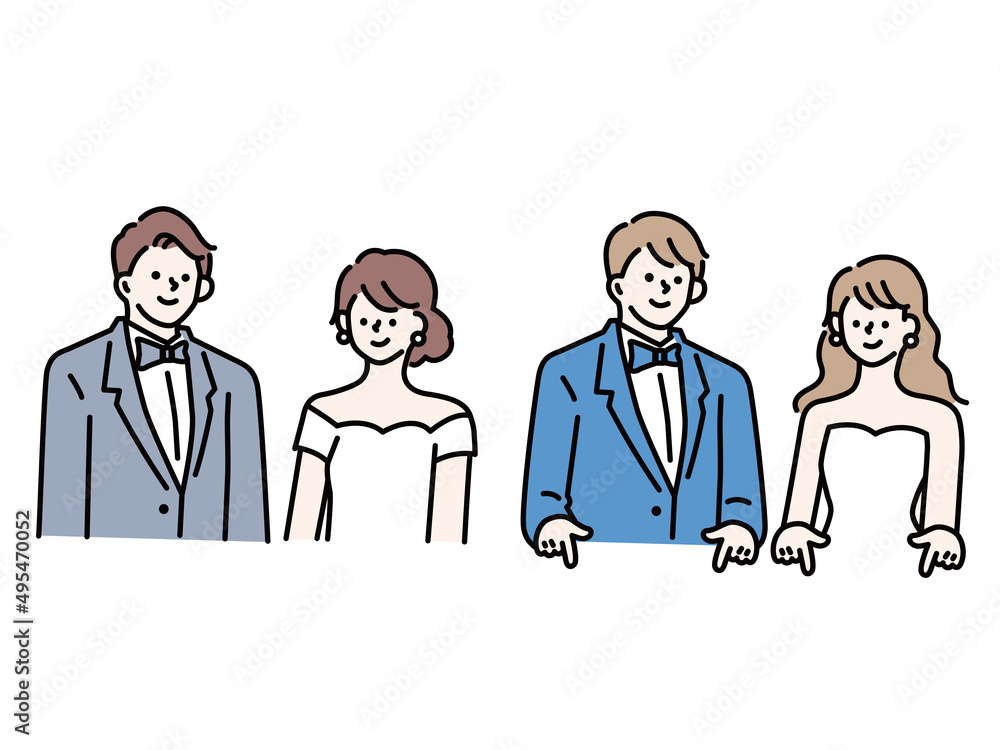 ウェディングのイラスト(結婚、結婚式、披露宴、ドレス、ブーケ、幸せ、夫婦、チャペル) a wedding illustration.Weddings, weddings, receptions, dresses, bouquets, happiness, married couples, chapels.