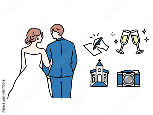 ウェディングのイラスト(結婚、結婚式、披露宴、ドレス、ブーケ、幸せ、夫婦、チャペル) a wedding illustration.Weddings, weddings, receptions, dresses, bouquets, happiness, married couples, chapels.