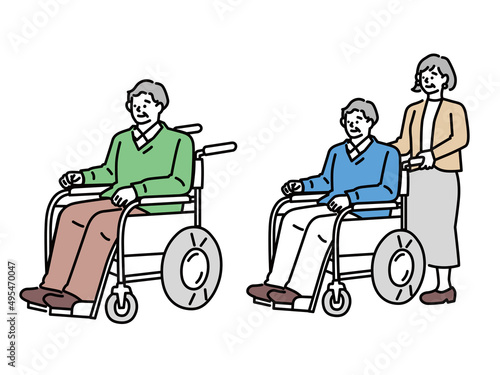 車椅子に乗る人のイラスト(男性、怪我、病気、通院、骨折、介助、入院、リハビリ) Illustration of a person in a wheelchair.Men, injuries, illnesses, hospital visits, fractures, care, hospitalization, rehabilitation.
