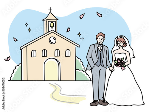 ウェディングのイラスト(結婚、結婚式、披露宴、ドレス、ブーケ、幸せ、夫婦、チャペル) a wedding illustration.Weddings, weddings, receptions, dresses, bouquets, happiness, married couples, chapels.