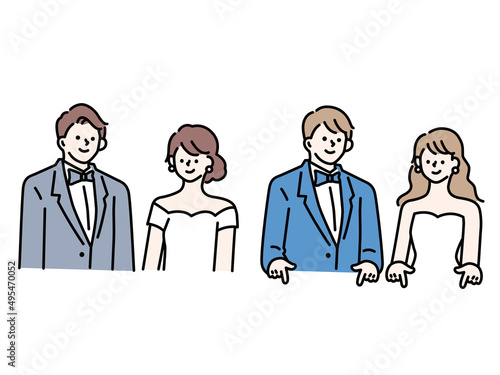 ウェディングのイラスト(結婚、結婚式、披露宴、ドレス、ブーケ、幸せ、夫婦、チャペル) a wedding illustration.Weddings, weddings, receptions, dresses, bouquets, happiness, married couples, chapels.