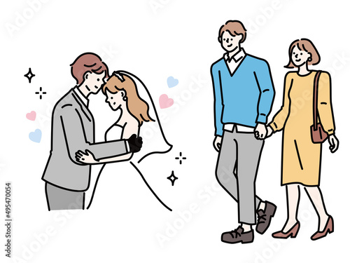 ウェディングのイラスト(結婚、結婚式、披露宴、ドレス、ブーケ、幸せ、夫婦、チャペル) a wedding illustration.Weddings, weddings, receptions, dresses, bouquets, happiness, married couples, chapels.