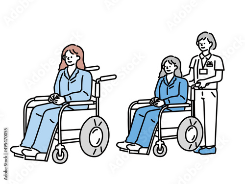 車椅子に乗る人のイラスト(女性、怪我、病気、通院、骨折、介助、入院、リハビリ) Illustration of a person in a wheelchair. women, injuries, illnesses, hospital visits, fractures, care, hospitalization, rehabilitation.