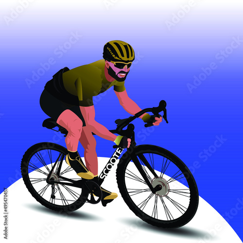 Athletic man riding a bicycle and wearing a helmet on his head