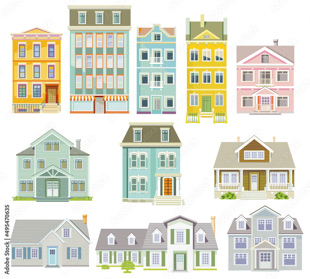 Set von Häusern und Wohnhäuser, Landhäuser, Holzhäuser, Familien Häuser, illustration