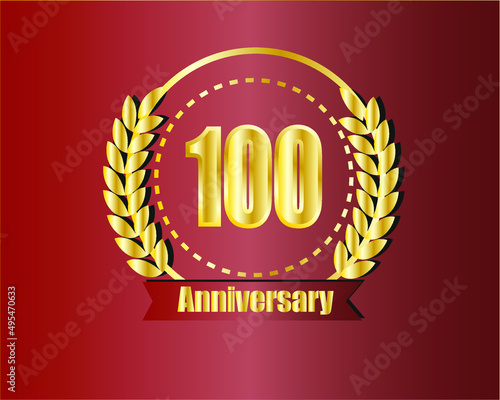100th golden anniversary logo with ring, laurel wreath vector design.