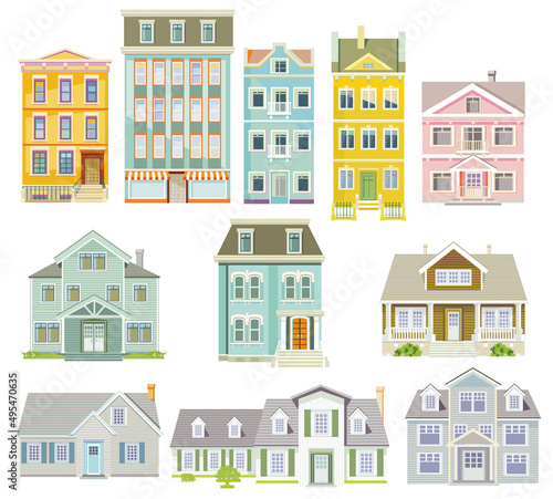 Set von Häusern und Wohnhäuser, Landhäuser, Holzhäuser, Familien Häuser, illustration © scusi