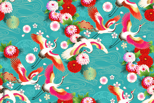 Spring Japanese background with fans and cranes