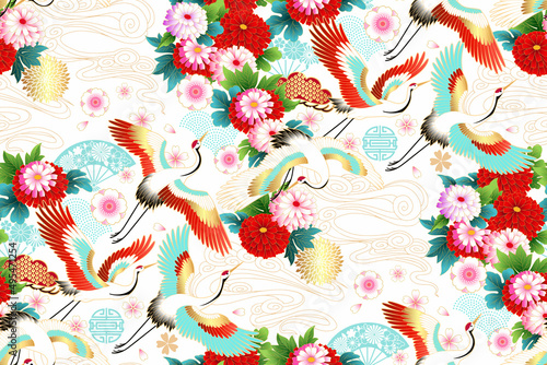 Spring Japanese background with fans and cranes