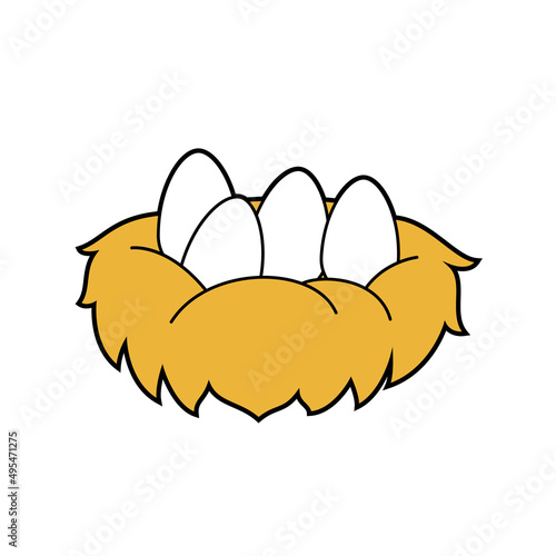 Cute cartoon vector illustration of a nest with four eggs on it