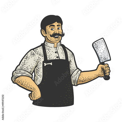 butcher with cleaver color knife line art sketch engraving vector illustration. T-shirt apparel print design. Scratch board imitation. Black and white hand drawn image.