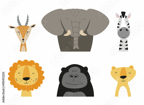 Fototapeta Naklejka Na Ścianę i Meble -  Wild animals collection: gazelle (or antelope), elephant, zebra, lion, gorilla, lioness. Fun vector illustrations, isolated