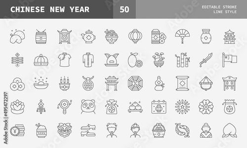 Chinese new year outline icon, lantern, tradition, lion dance, fan, carp fish, gold coin, cap, firecracker collection vector illustration