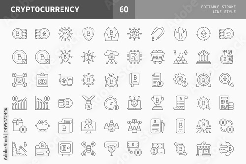 Cryptocurrency icons set, line style bitcoin, ethereum, blockchain, crypto, digital money and more