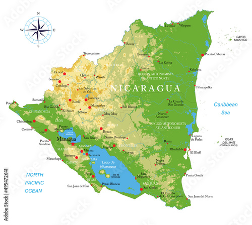Nicaragua highly detailed physical map photo