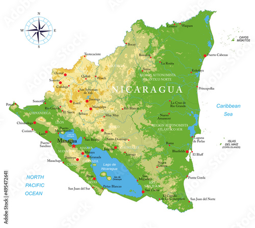 Nicaragua highly detailed physical map