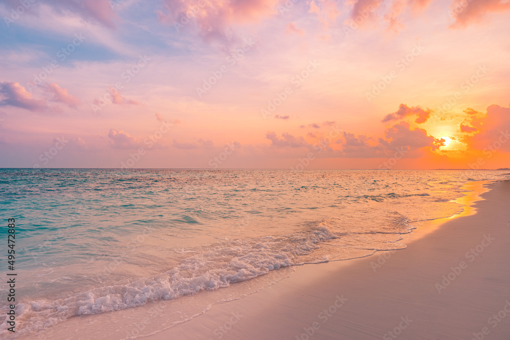 Closeup sea sand beach. Beautiful beach landscape. Inspire tropical beach seascape horizon. Dreamy sunset sky calm tranquil relax sunset summer mood. Positive energy, meditation summer tropical island - obrazy, fototapety, plakaty 