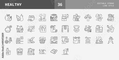 Healthy icons set line style, consists of Healthcare, Fitness, Gym, Workout, Diet and more