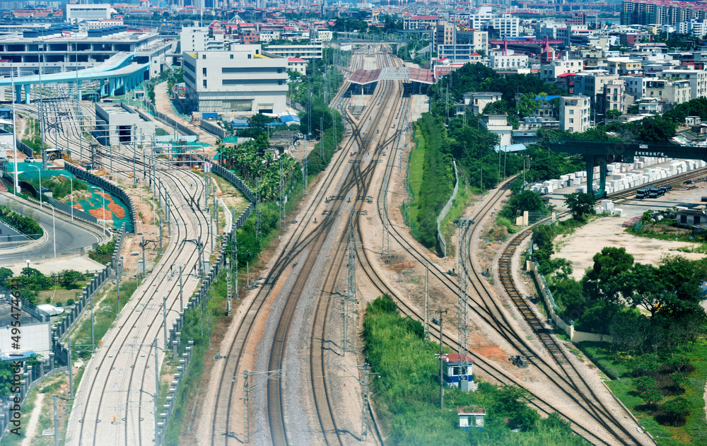 Fototapeta premium Top view on many railway track lines in a city of China