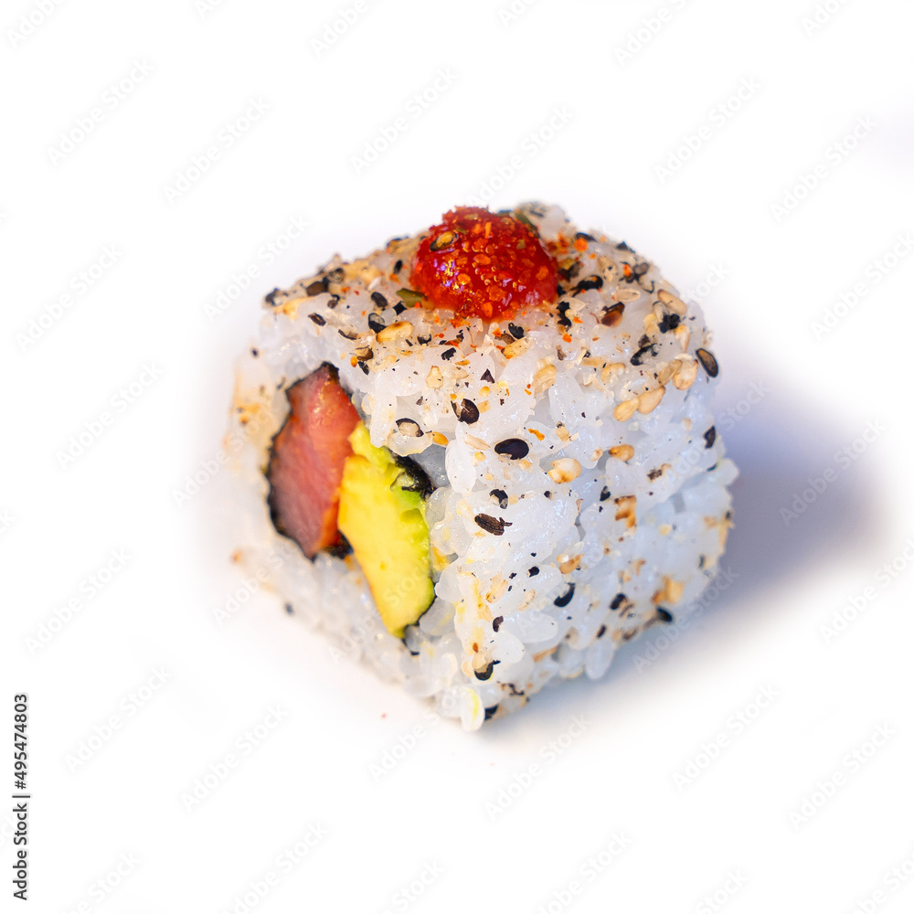 Sushi roll pieces with spicy tuna and avocado. traditional Japanese cuisine, Sushi roll pieces with spicy tuna and avocado. traditional Japanese cuisine,
