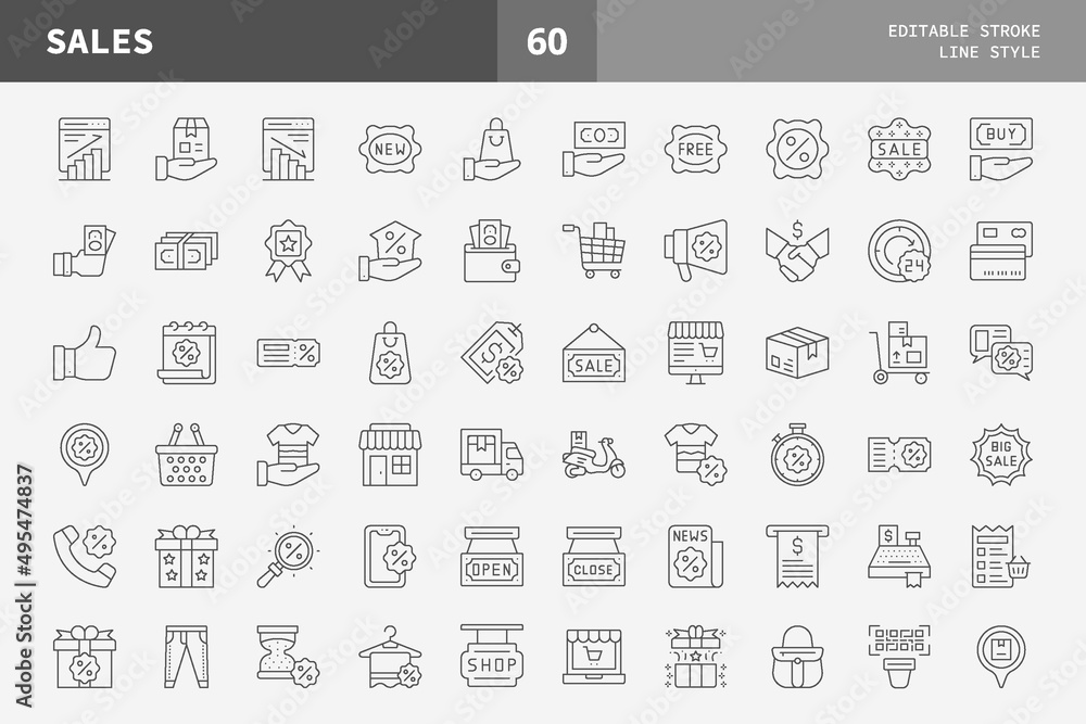 Sales icon set line style, Mobile Shop, Digital marketing, Bank Card, Gifts, Discount and more