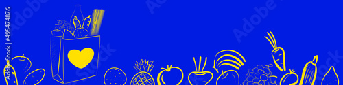 Food donation paper bag for refugees, pure people from Ukraine. Vector concept banner illustration yellow on blue background in outline handdrawn style