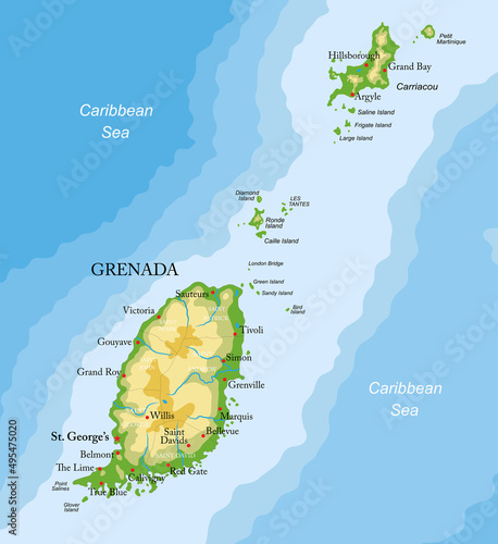 Grenada islands highly detailed physical map