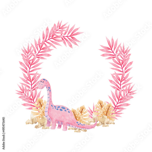 collection of watercolor round frame (cute pink dinosaurs) with place for text on isolated background (for designing web banners, greeting cards, printing on various objects, etc.)