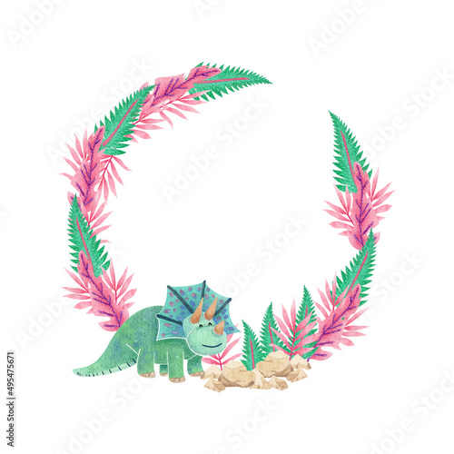 collection of watercolor round frame (cute turquoise dinosaurs) with place for text on isolated background (for designing web banners, greeting cards, printing on various objects, etc.)