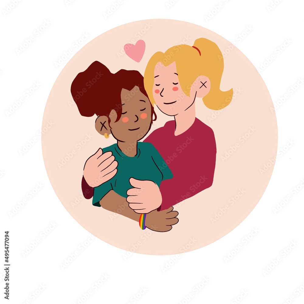 Couple of two women who are in each other's arms. They are in love and happy to be together Couple of two women who are in each other's arms. They are in love and happy to be together