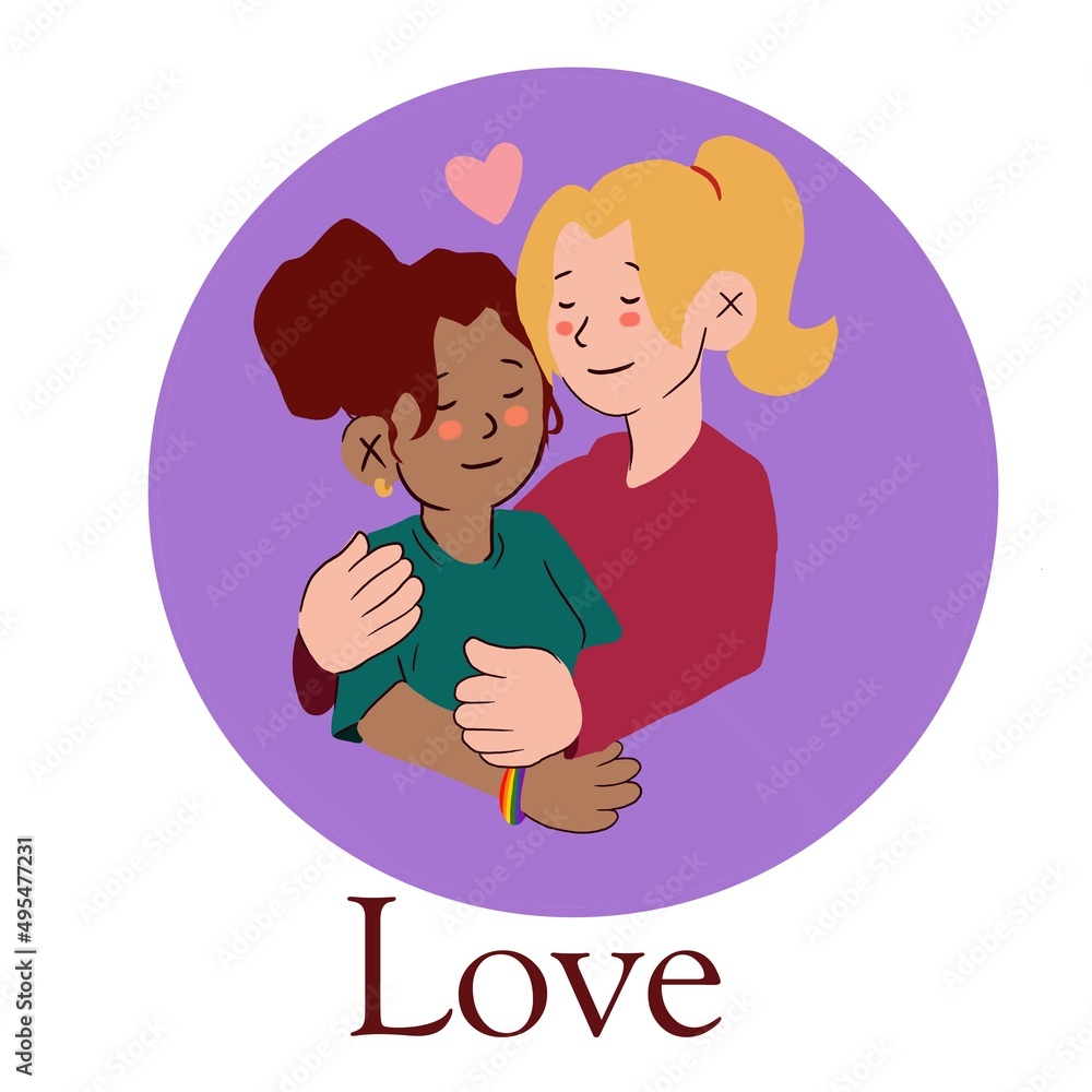 Couple of two women who are in each other's arms. They are in love and happy to be together Couple of two women who are in each other's arms. They are in love and happy to be together
