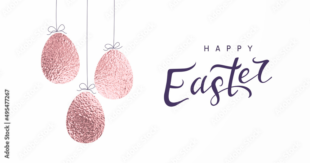 Easter banner with golden rose foil paper eggs on white background. Pink metallic elements. Vector greeting card template