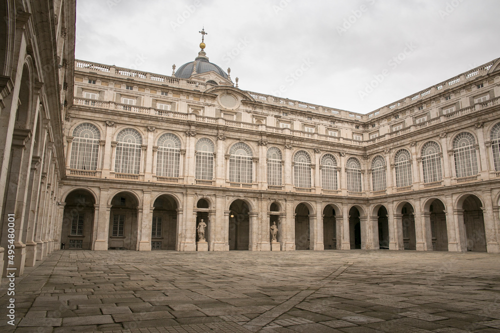Inner courtyard of the Royal Palace in Madrid, Spain. This royal residence is also called the Palace of the East. 