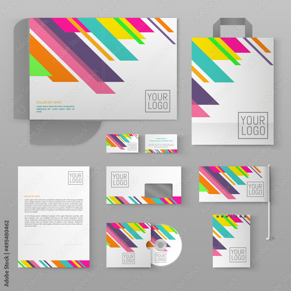 White stationery template design with multicolored lines. Set of business corporate identity mock up. Documentation for business.