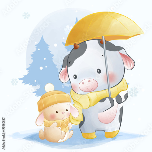 Cute animals, little bunny and cow playing in snow
